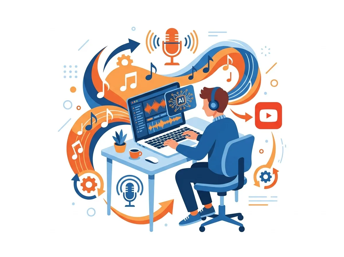 Illustrasjon av praktiske bruksområder for AI-musikk - YouTube, podcast, personlige prosjekter og automatisering