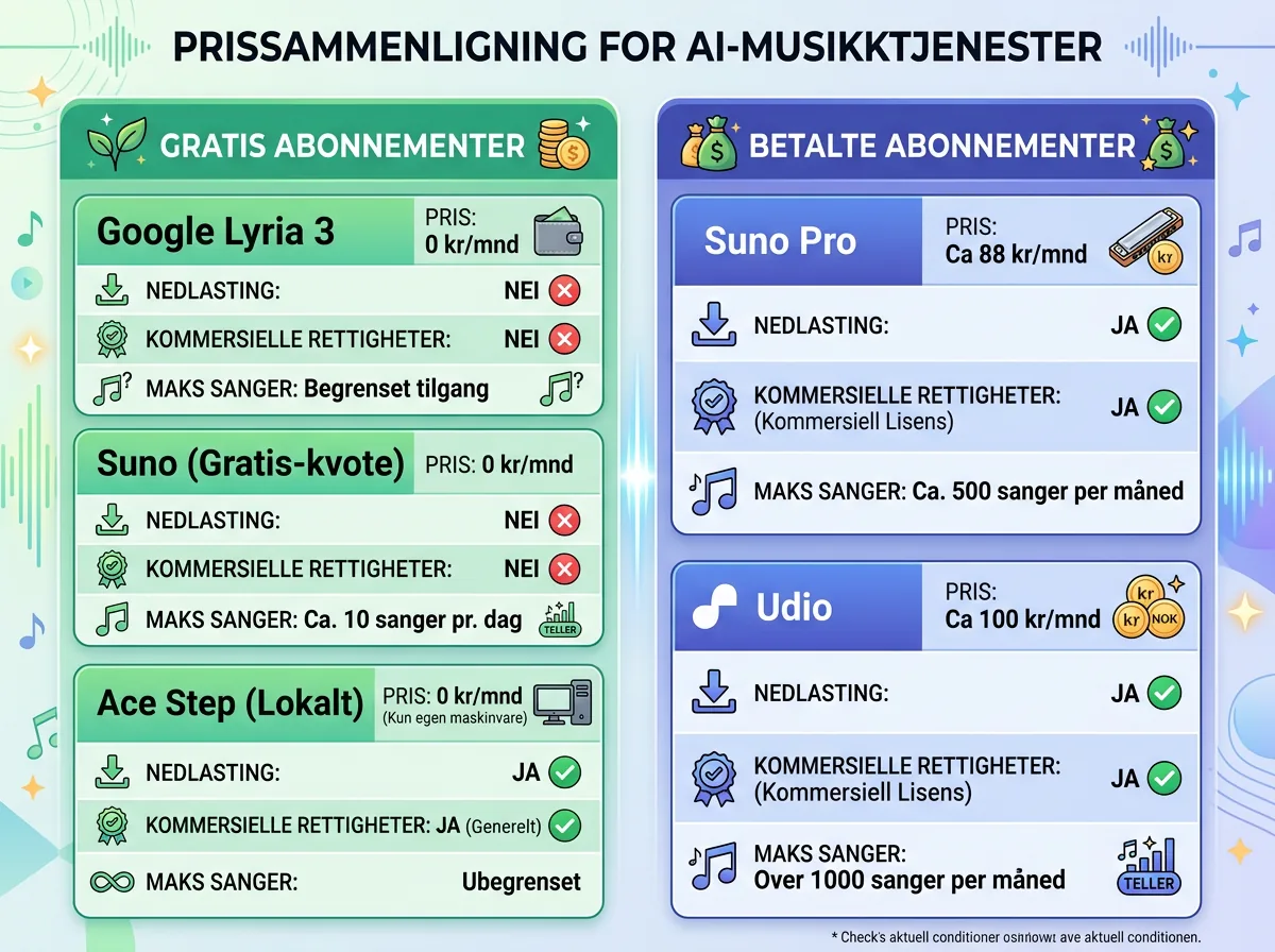 Prissammenligning gratis vs betalt AI-musikk - Suno Pro 88 kr per måned vs gratis alternativer