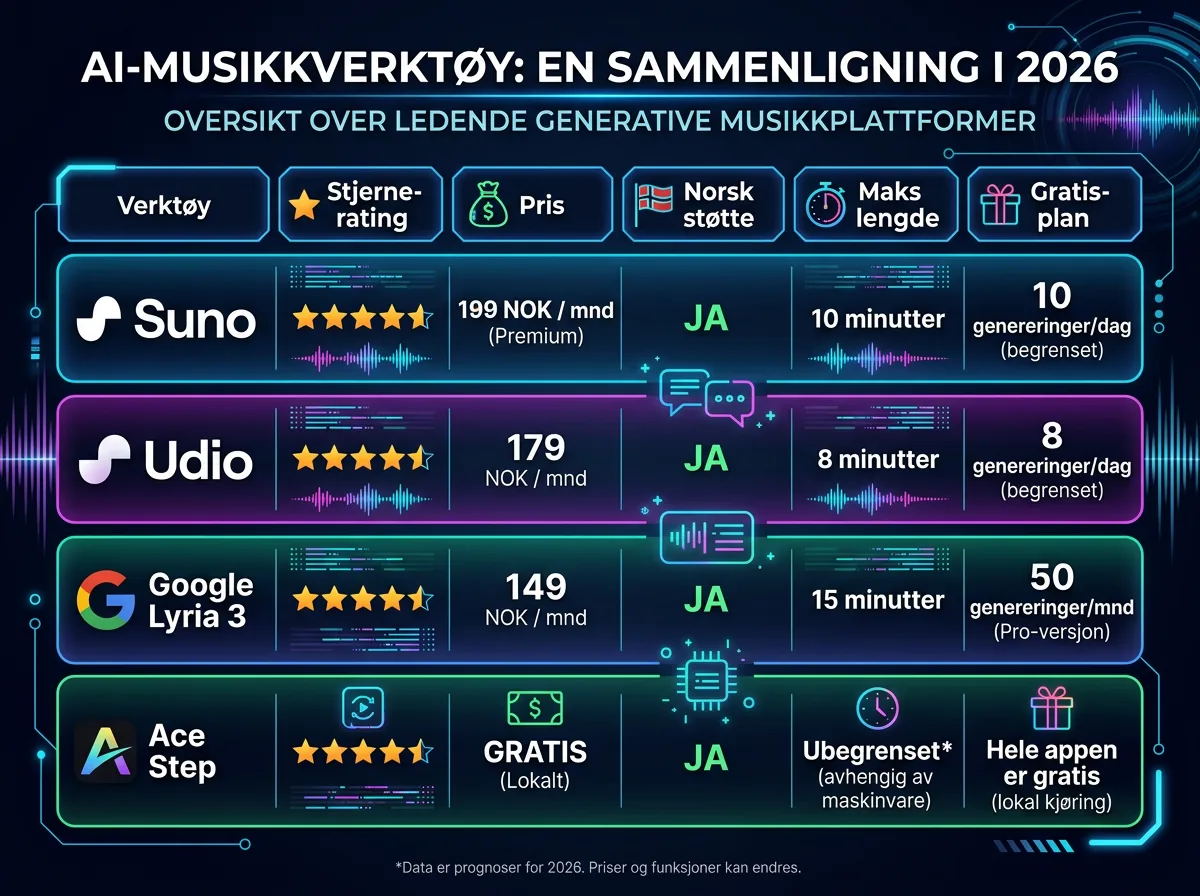 Oversikt og sammenligning av AI-musikkverktøy i 2026 - Suno, Udio, Google Lyria 3 og Ace Step