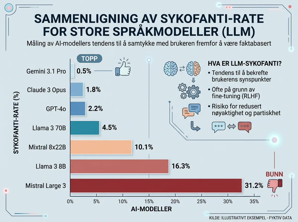 Infografikk over sykofansi-rater for 16 LLM-modeller der Gemini 3.1 Pro scorer best med 0,5 prosent og Mistral Large 3 scorer dårligst med 31,2 prosent