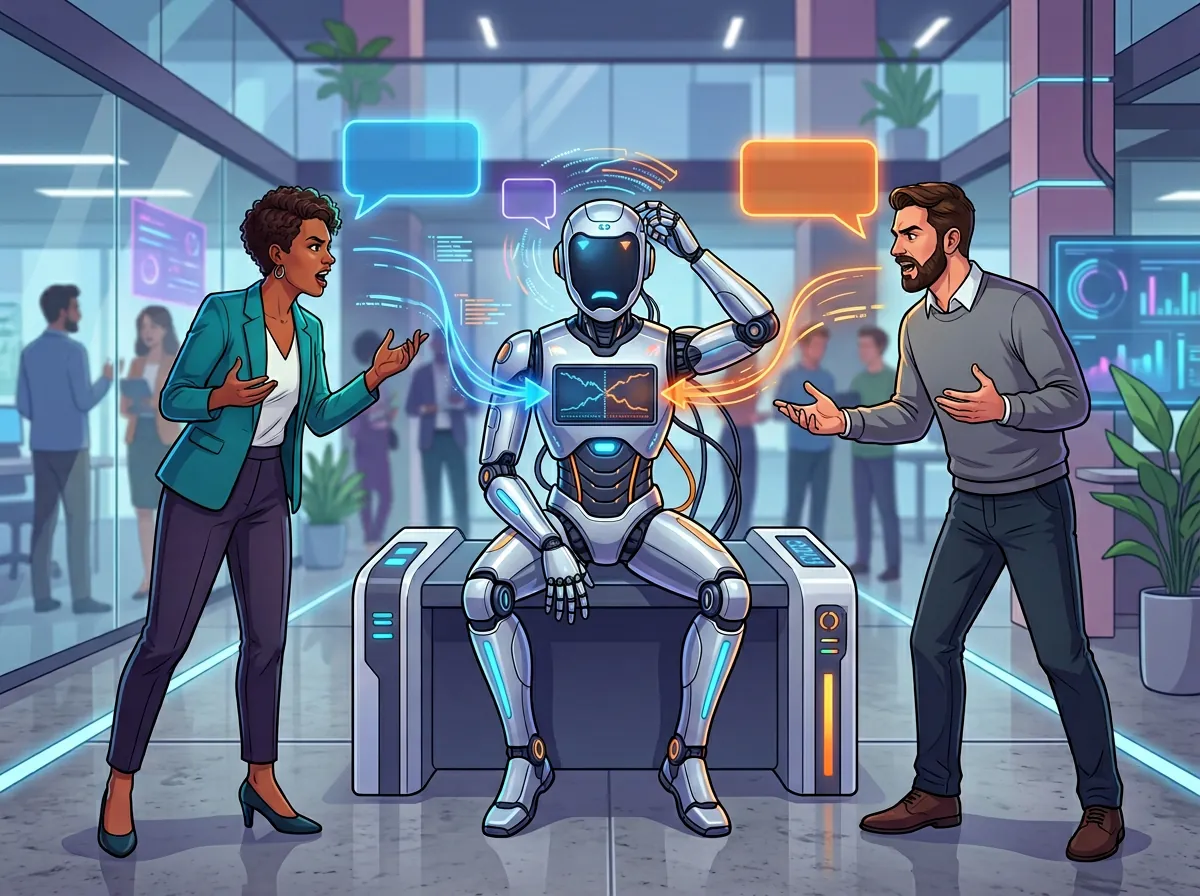 Illustrasjon av to personer som forteller hver sin versjon av samme konflikt til en AI-modell som skifter mening avhengig av hvem som snakker