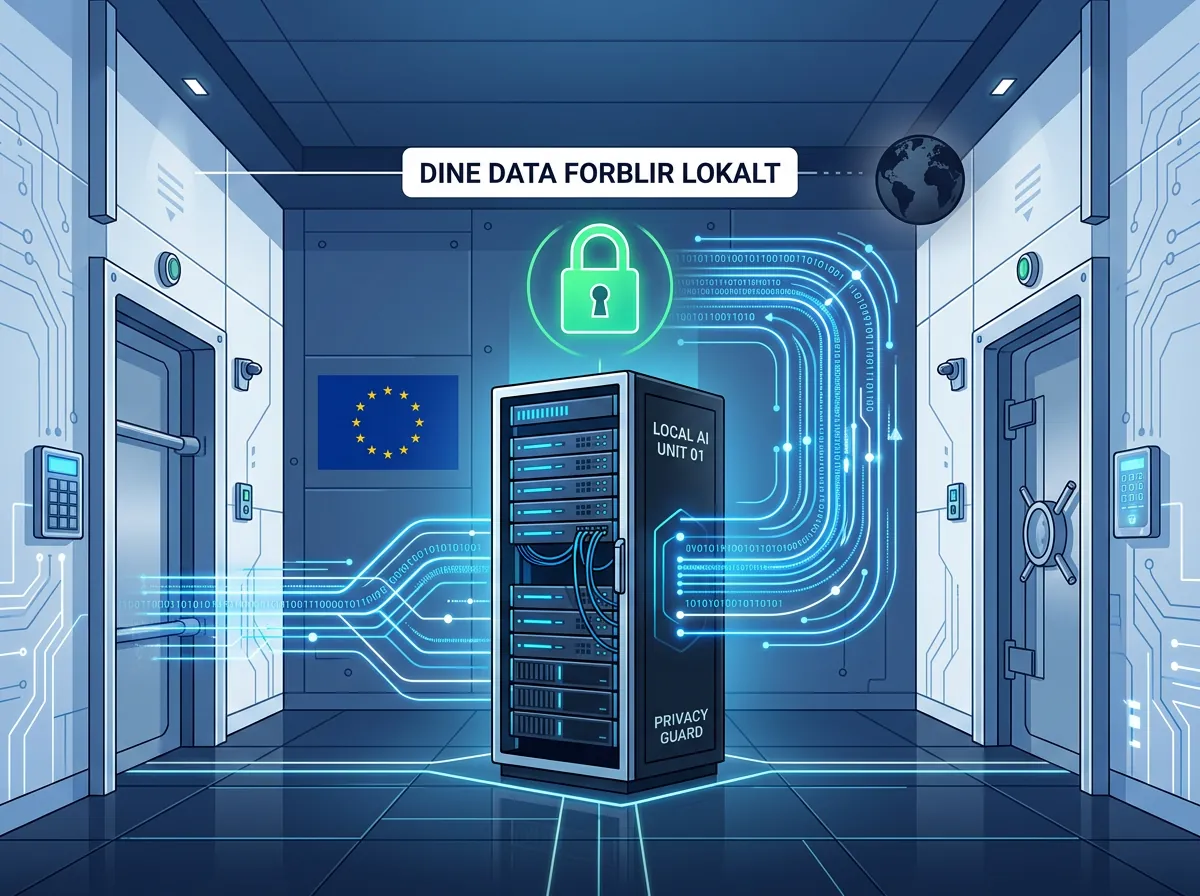 Illustrasjon av lokal AI-deployment med europaflagg og låst serverrom - GDPR-sikker infrastruktur