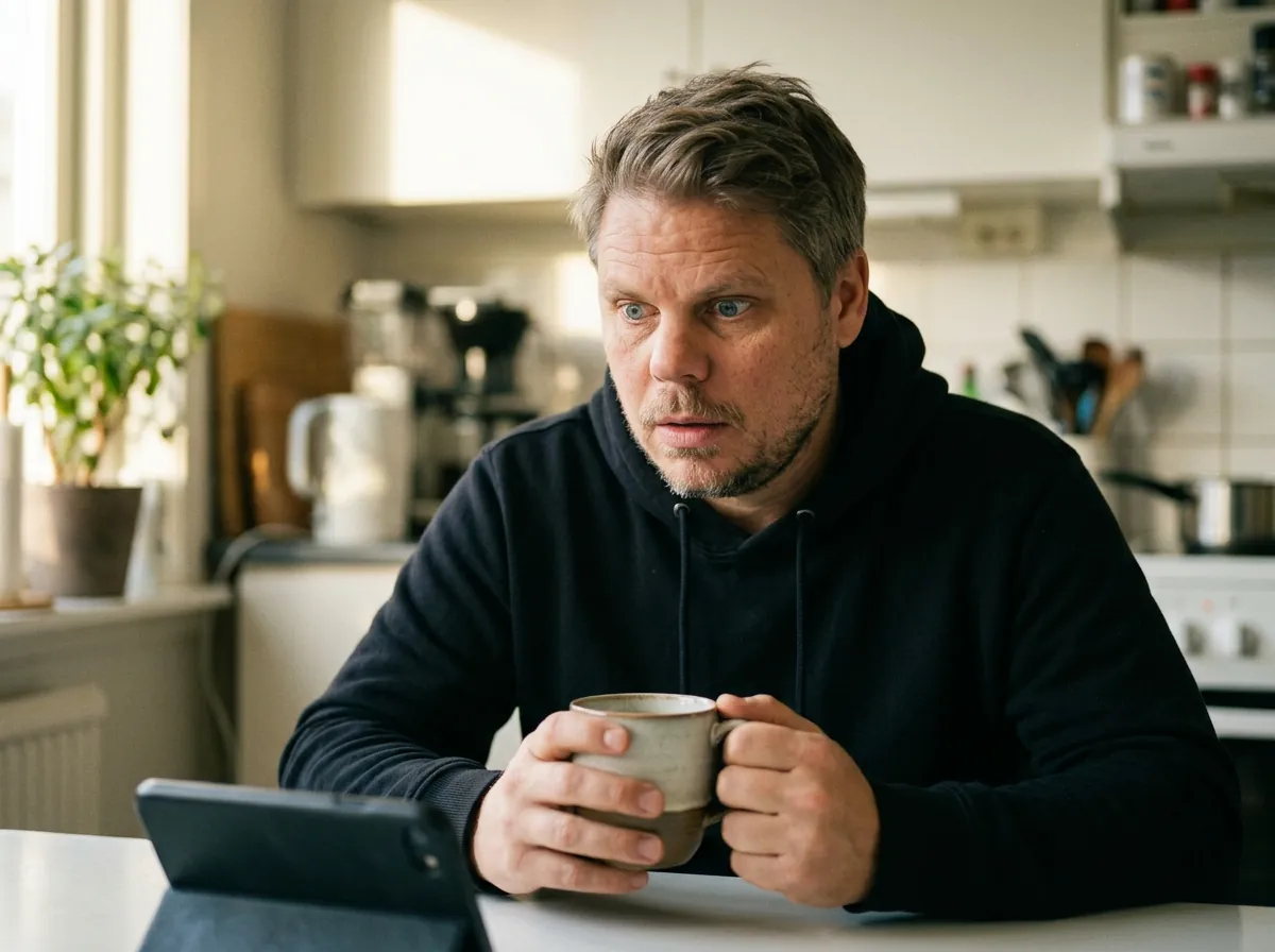 Mann med kaffekopp ved kjøkkenbordet om morgenen ser overrasket på nettbrett - Nano Banana 2 hverdagsscene