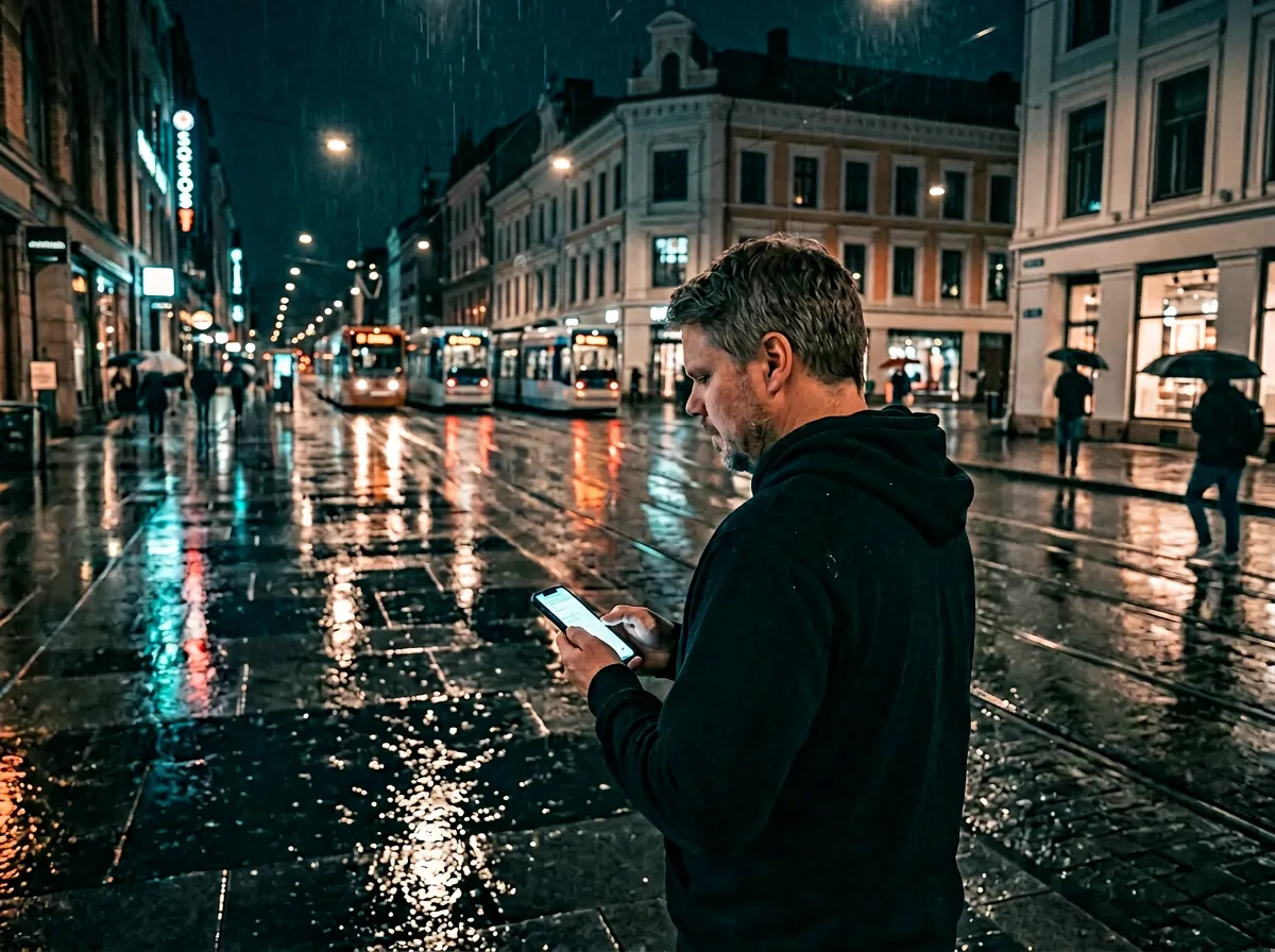 Mann sjekker telefon på regnvåt bygate om natten med refleksjoner i sølepyttene - Nano Banana 2 kinematisk scene