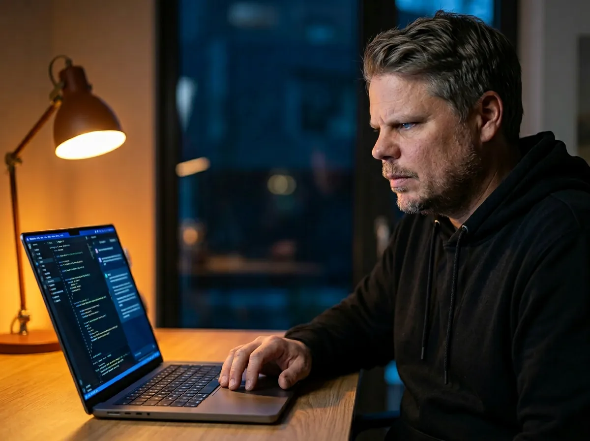 Mann i mørk hettegenser koder sent på kvelden med varm skrivebordslampe og blått skjermlys - eksempel på Nano Banana 2 bildegenerering