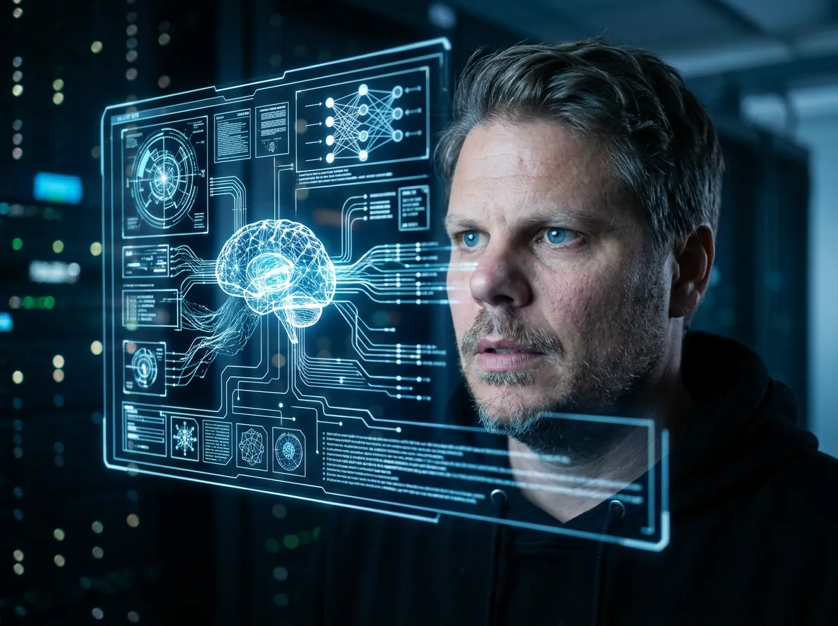 Mann ser på holografisk AI-grensesnitt med hjernenettverk i mørkt serverrom - Nano Banana 2 fremtidsteknologi