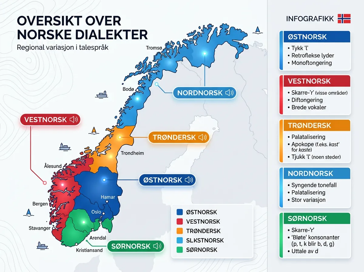 Infografikk over norske dialektområder med kart som viser østnorsk, vestnorsk, nordnorsk, trøndersk og sørnorsk
