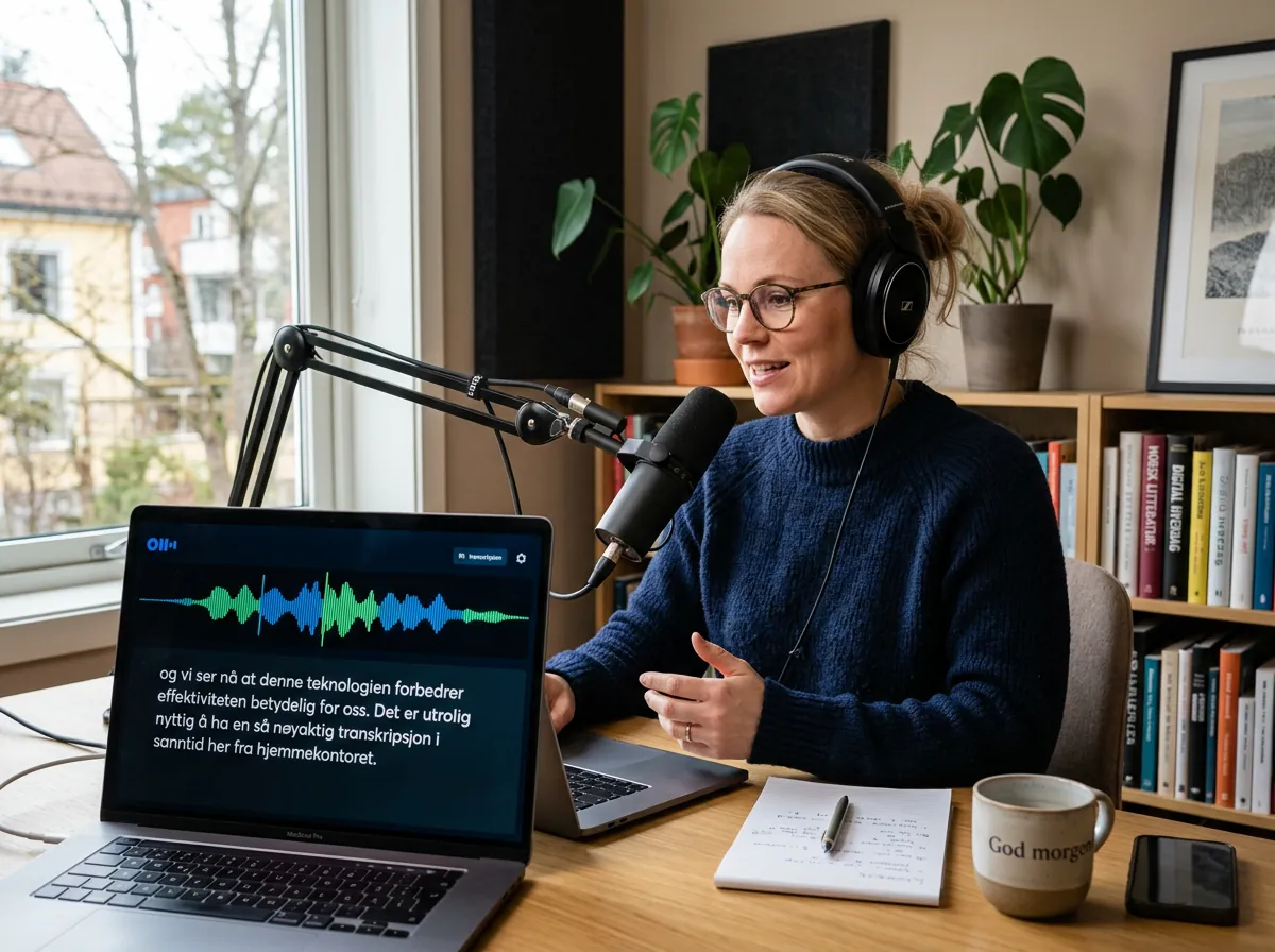 Person som bruker talegjenkjenningsprogramvare på laptop med lydbølger og norsk tekst på skjermen