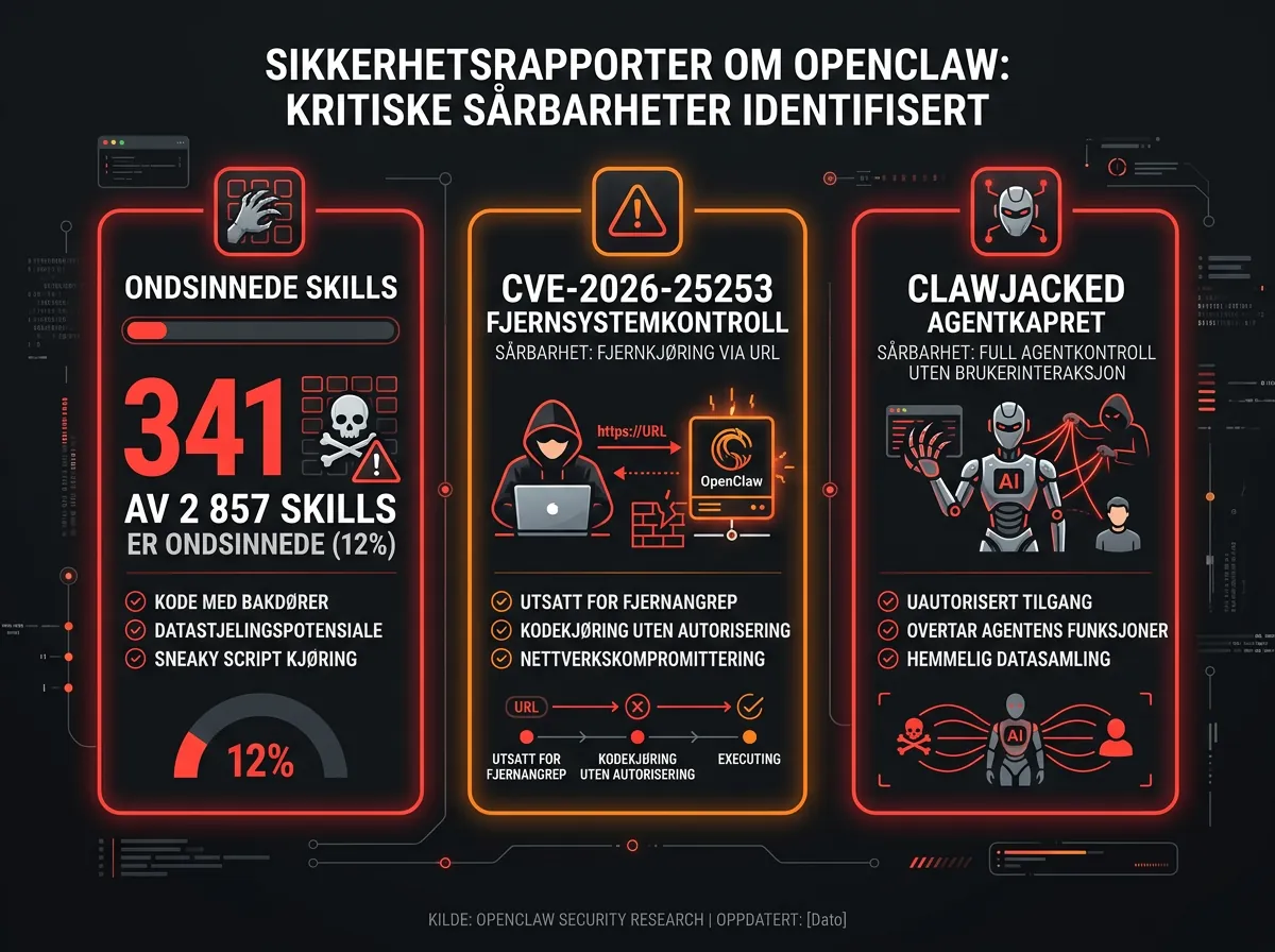 Infografikk over OpenClaw sikkerhetsproblemer: 341 ondsinnede skills av 2857, CVE-2026-25253 og ClawJacked-sårbarhet