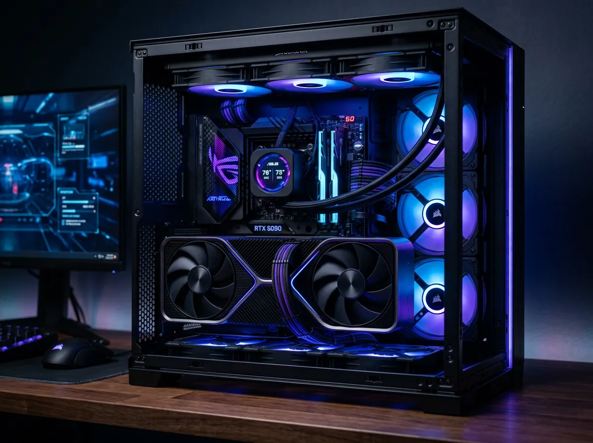 RTX 5090 grafikkort med RGB-belysning i moderne PC-kabinett for lokal AI-inferens med vLLM og Nemotron 9B