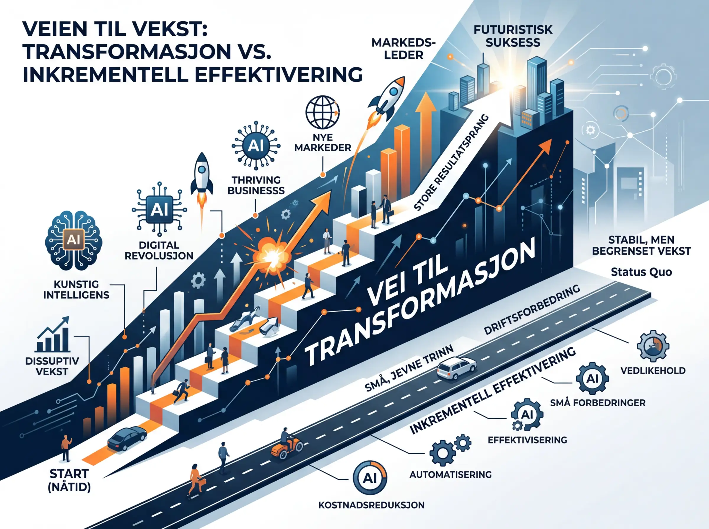 Illustrasjon av to veier for AI-implementering: transformasjon av kjerneprosesser versus inkrementell effektivisering av eksisterende arbeid