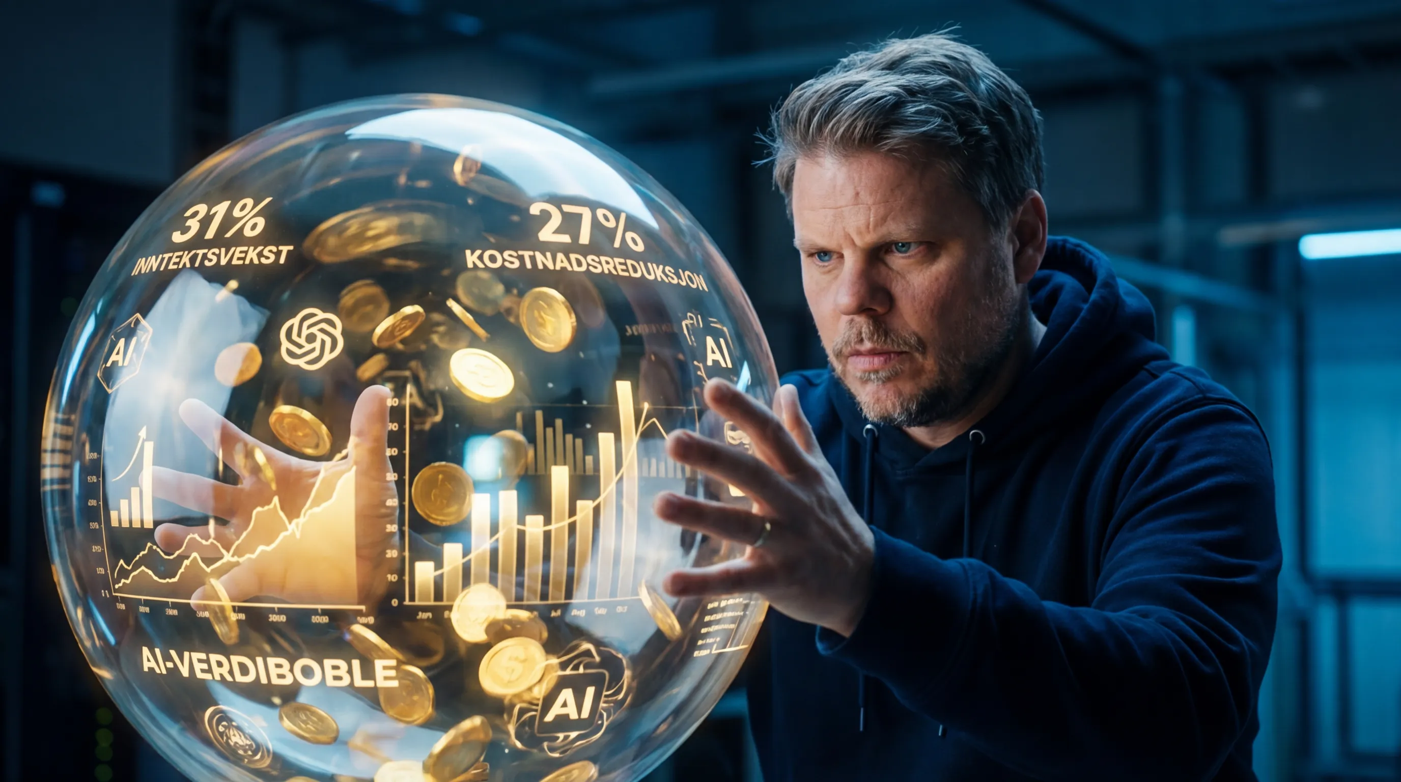 Jan Sverre analyserer AI-verdiboble mens han holder hendene inn i en glødende boble av gullmynter og datagrafer