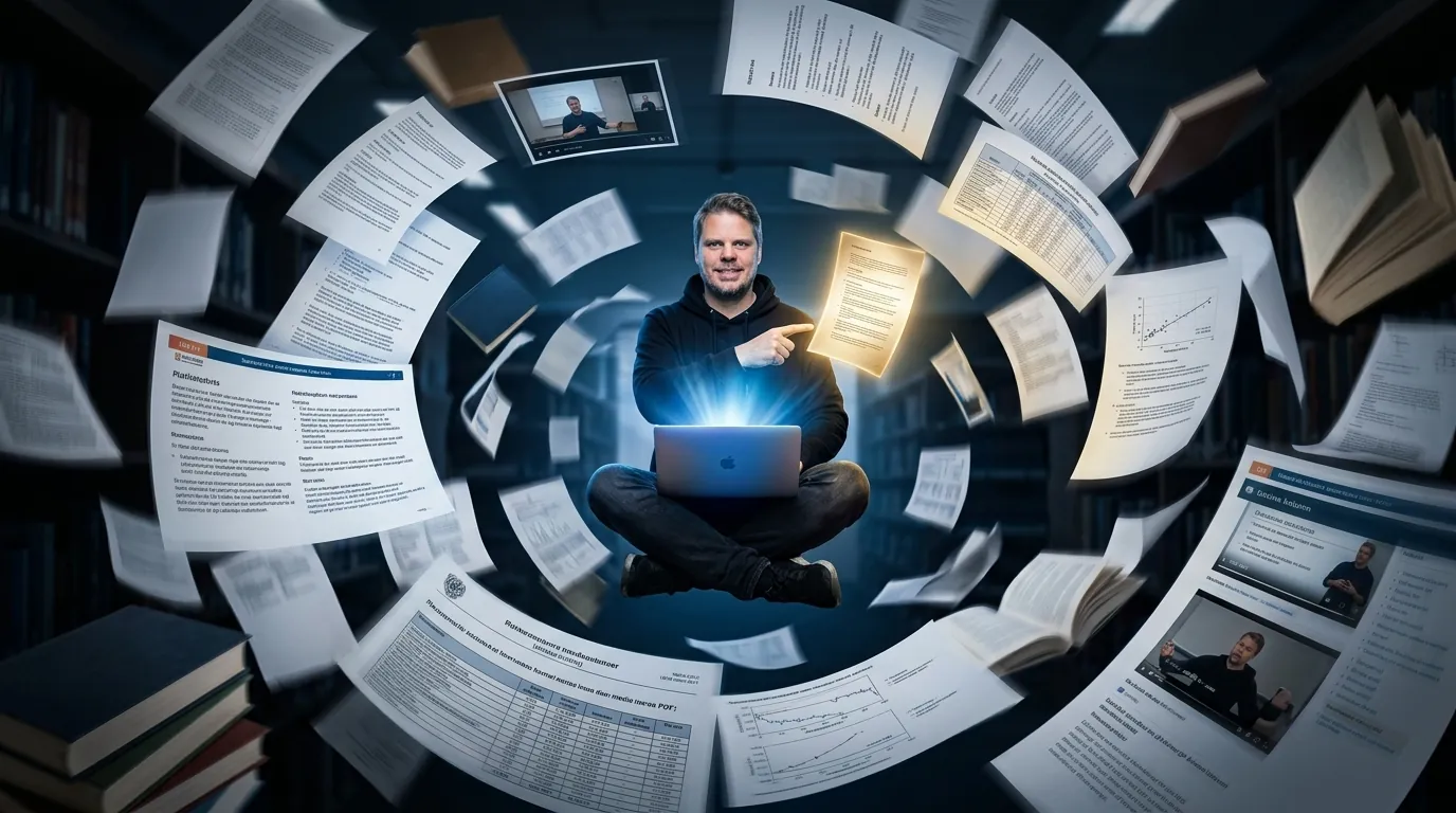 Jan Sverre omgitt av en tornado av PDFer og forelesningsnotater mens han bruker NotebookLM på bærbar PC