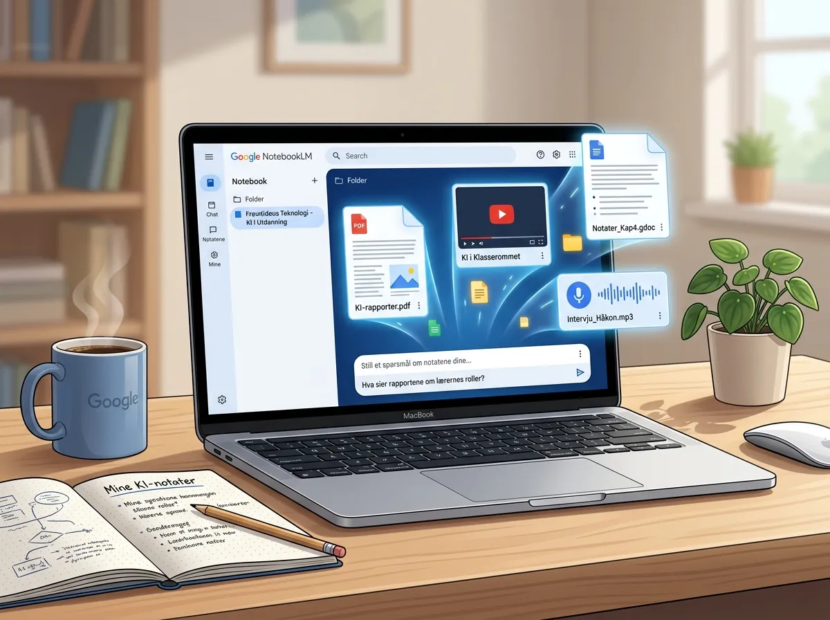 Google NotebookLM grensesnitt på bærbar PC med PDFer, YouTube-videoer og Google Docs som lastes opp som kilder