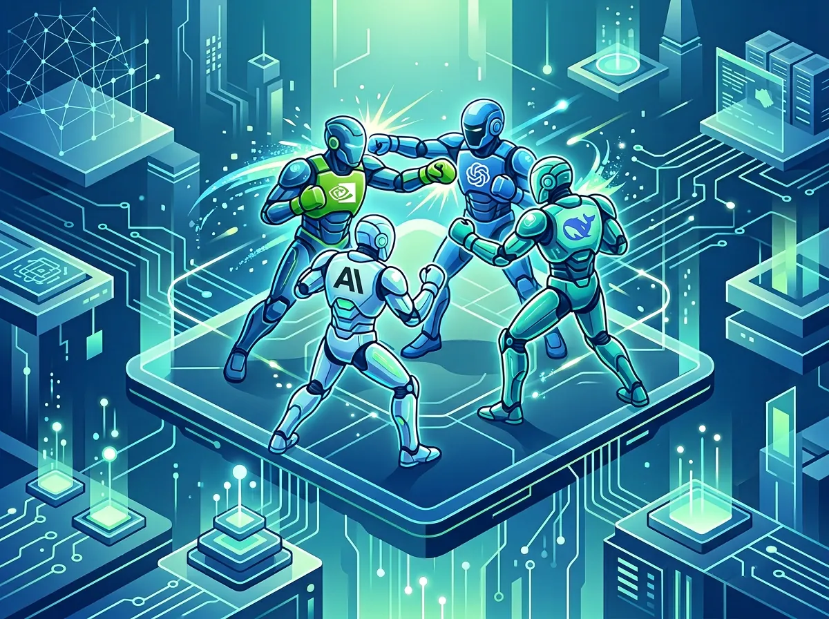 Illustrasjon av AI-modell-konkurransen mellom Nvidia, OpenAI, Anthropic og DeepSeek i 2026