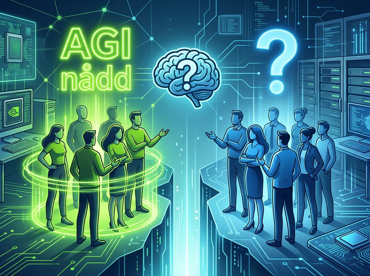 Illustrasjon av tech-bransjen splittet i AGI-debatten etter Jensen Huangs påstand i 2026