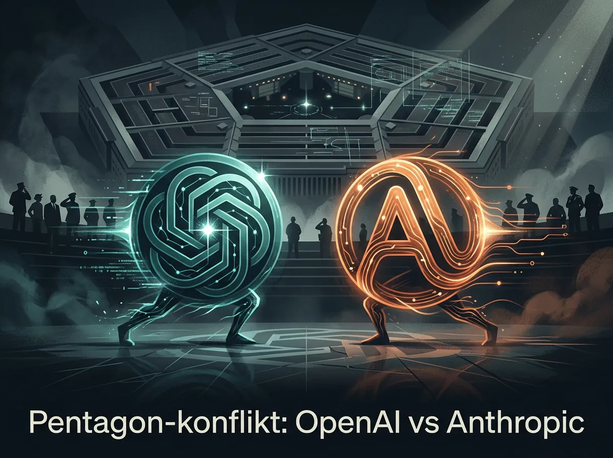 Illustrasjon av konflikt mellom OpenAI og Anthropic om Pentagon-kontrakt med dramatisk bakgrunn