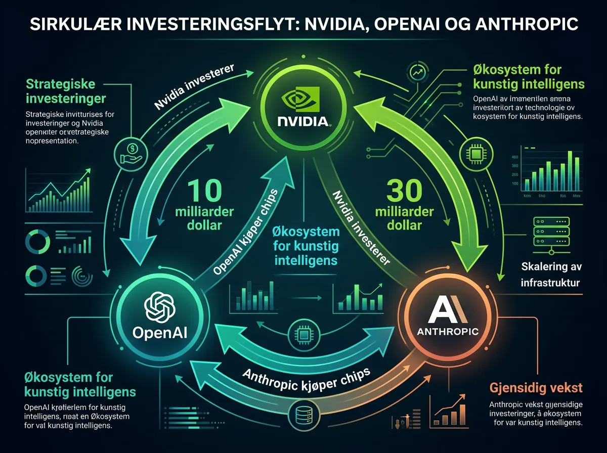 Infografikk som viser sirkulær pengeflyt mellom Nvidia, OpenAI og Anthropic med 30 og 10 milliarder dollar i investeringer