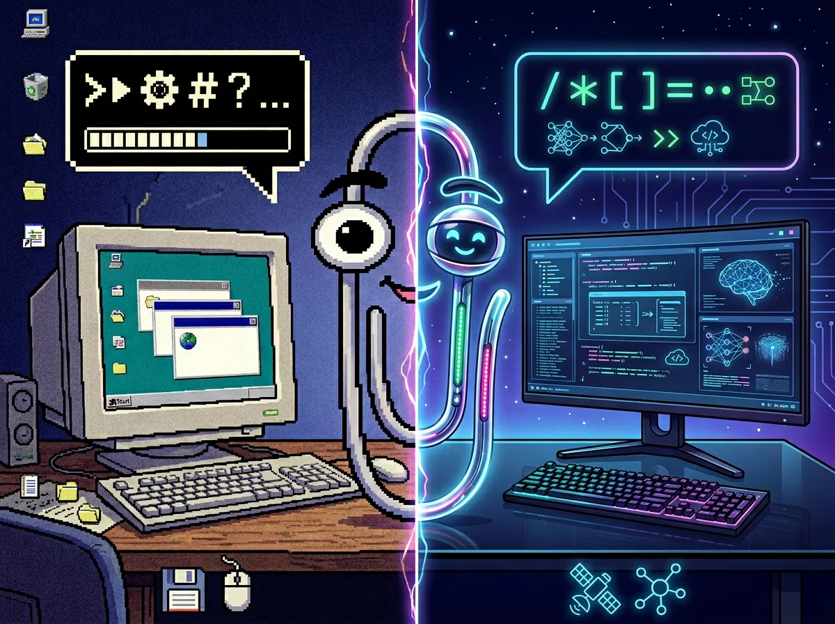 Illustrasjon av Clippy-maskoten fra 1997 transformert til moderne AI-assistent i 2026 med lokal LLM-kraft