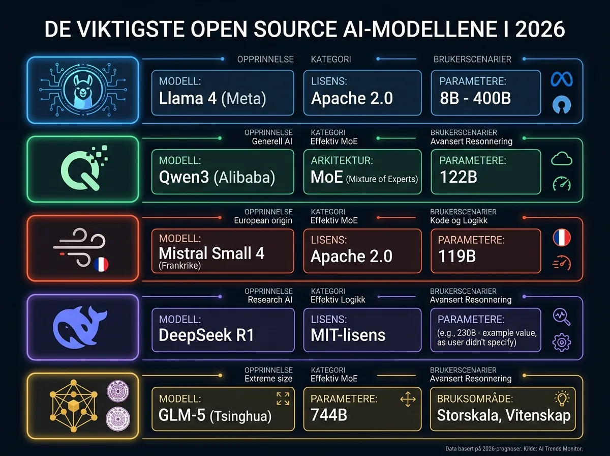 Infografik som sammenligner open source AI-modeller Llama 4, Qwen3, Mistral Small 4, DeepSeek og GLM-5 i 2026