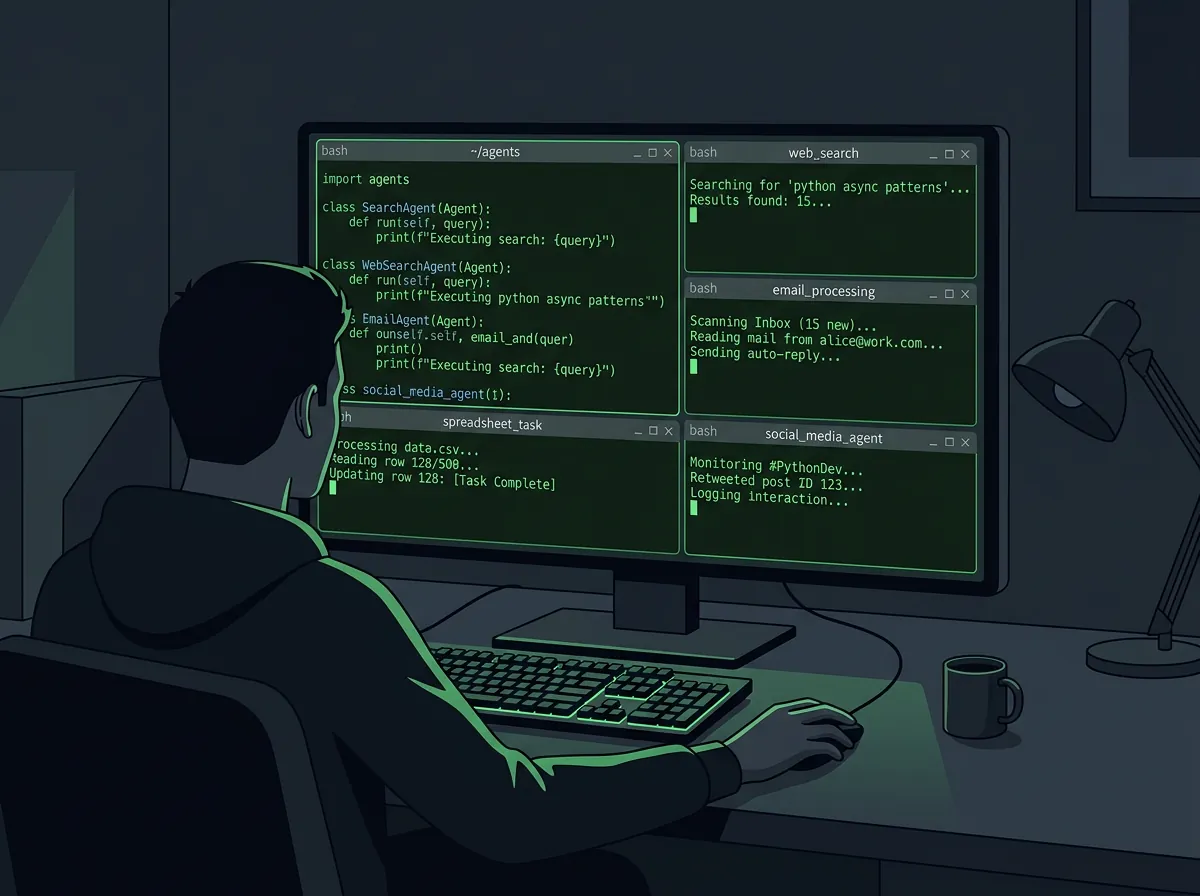 Terminal med Python-kode og flere parallelle agent-vinduer for web-søk, e-post, sosiale medier og regneark