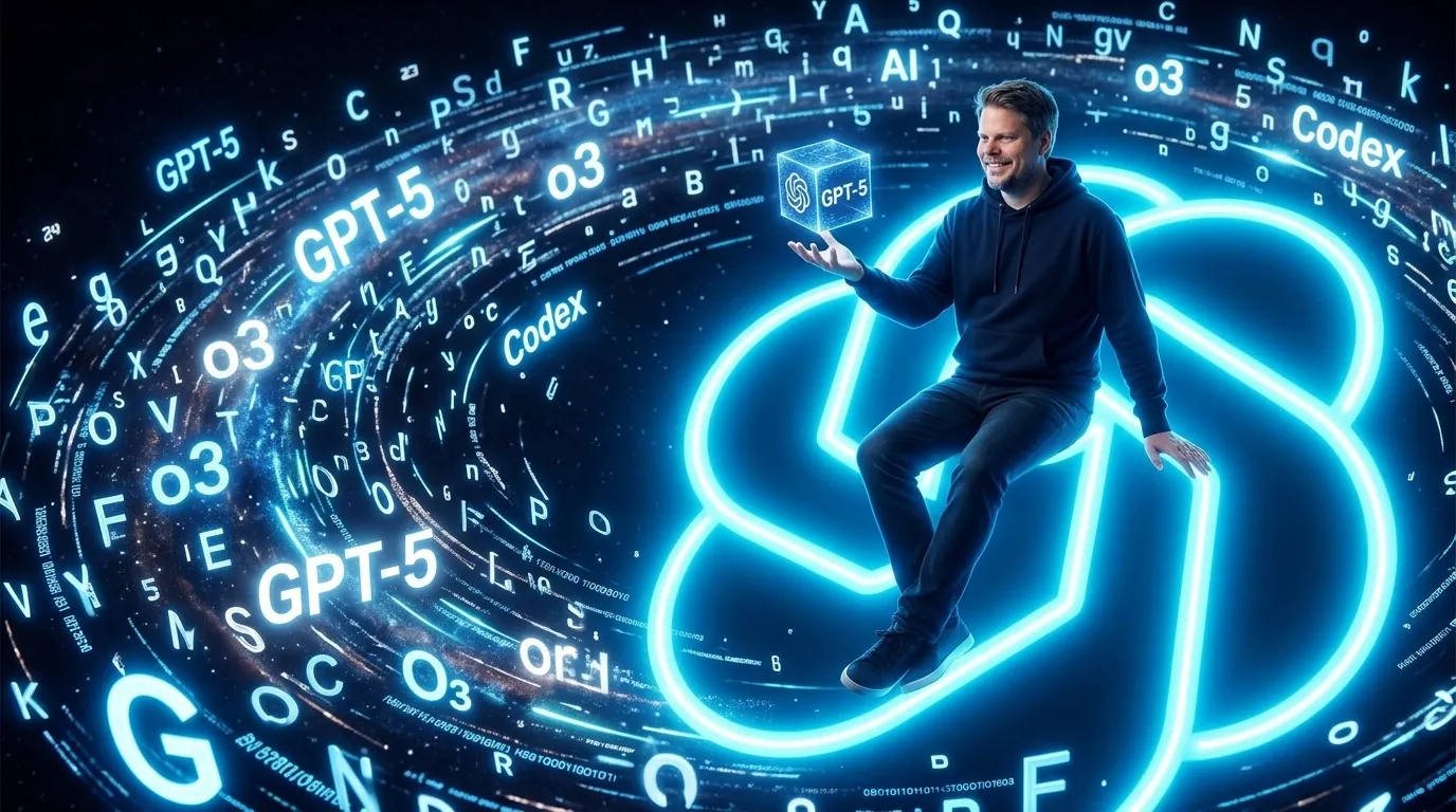 Jan Sverre sitter på toppen av en stor lysende OpenAI-logo omgitt av GPT-modellnavn og datastrenger i neonblått