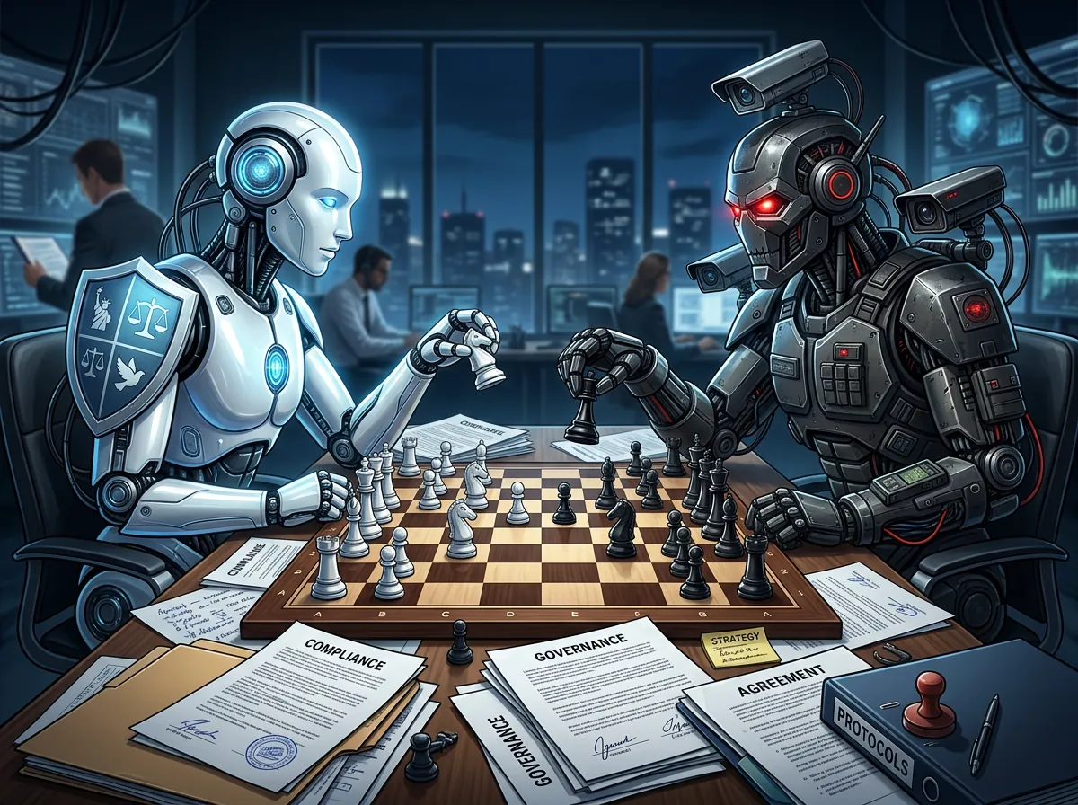 Sjakkspill mellom AI-sikkerhet og militærmakt som illustrerer OpenAI og Anthropics Pentagon-kontrakt