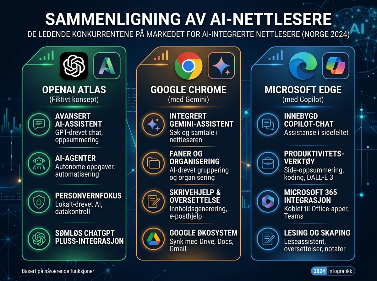 Infografikk som sammenligner AI-nettlesere: OpenAI Atlas, Google Chrome med Gemini og Microsoft Edge med Copilot