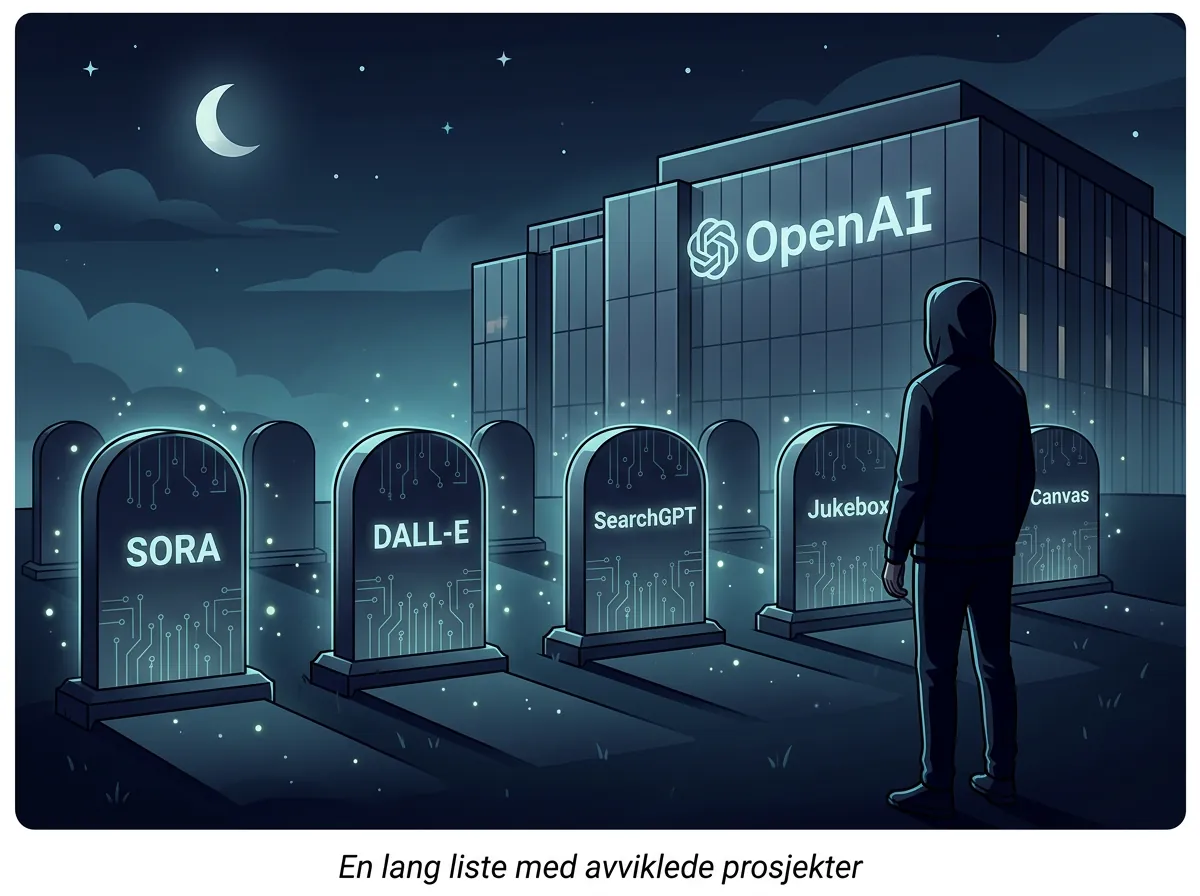 Illustrasjon av en programvare-kirkegård med gravsteiner for nedlagte OpenAI-produkter som Sora, DALL-E, SearchGPT og Jukebox