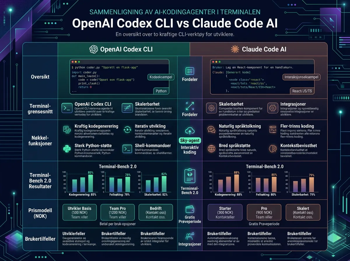 Sammenligning av OpenAI Codex CLI og Claude Code med benchmark-scorer og prissammenligning