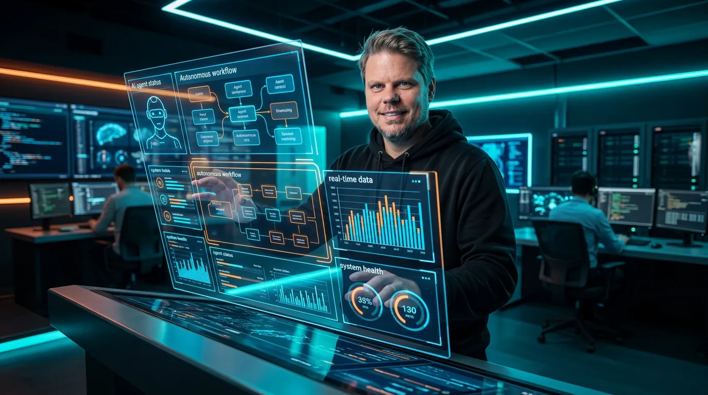 Jan Sverre i et futuristisk AI-kommandosenter som representerer GPT-5.4 og autonome agenter