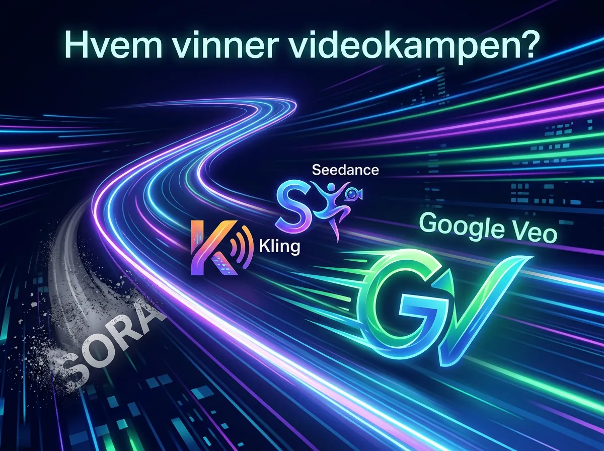 Illustrasjon av kappløpet mellom AI-videoverktøy der Google Veo leder foran Kling og Seedance mens Sora faller bakover