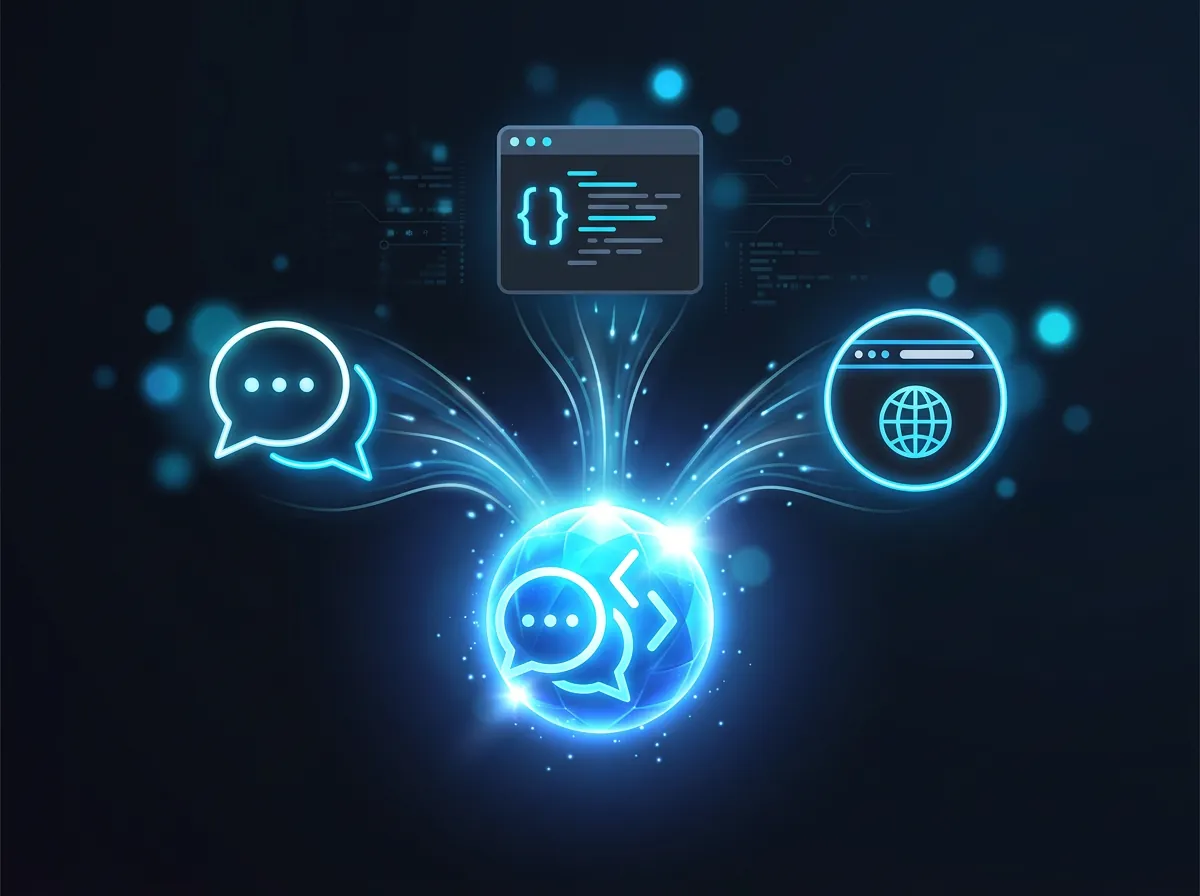 Illustrasjon av tre app-ikoner - chat, kode og nettleser - som flyter inn mot ett sentralt lys og smelter sammen