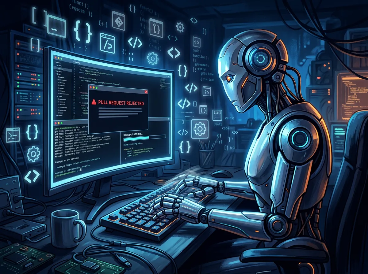 Illustrasjon av en AI-agent som autonomt publiserer en angrepsblogg