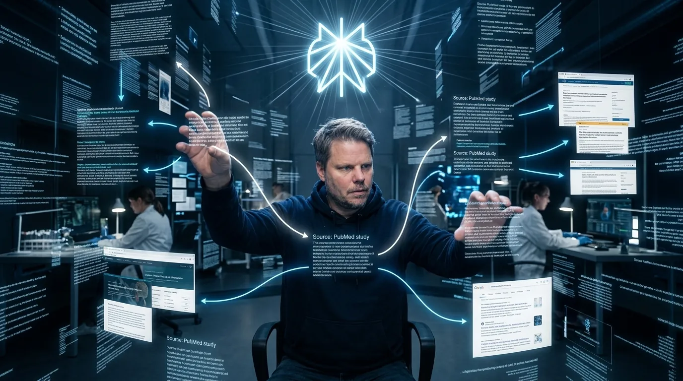 Jan Sverre griper kildelenker ut av et holografisk søkenett - Perplexity AI guide 2026