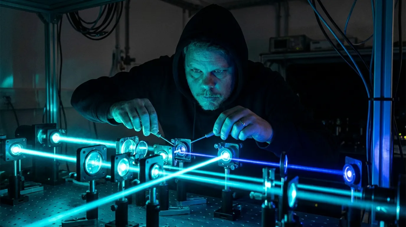 Mann dirigerer laserstråler i fotonisk laboratorium - illustrasjon av PRISM-chipens optiske broadcast for KV-cache