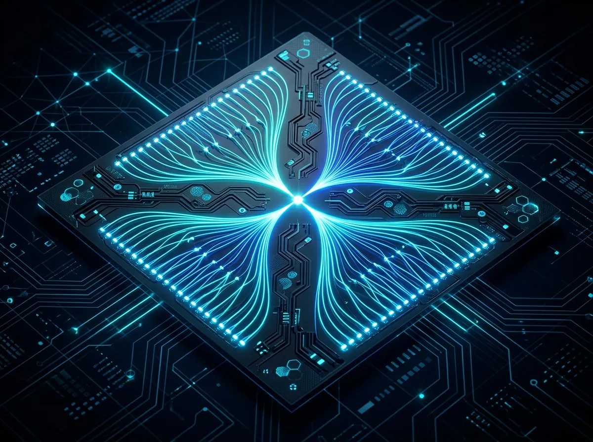 Fotonisk chip med laserstråler som sprer seg i viftemønster fra ett punkt til mange mottakere - illustrasjon av optisk broadcast-arkitektur