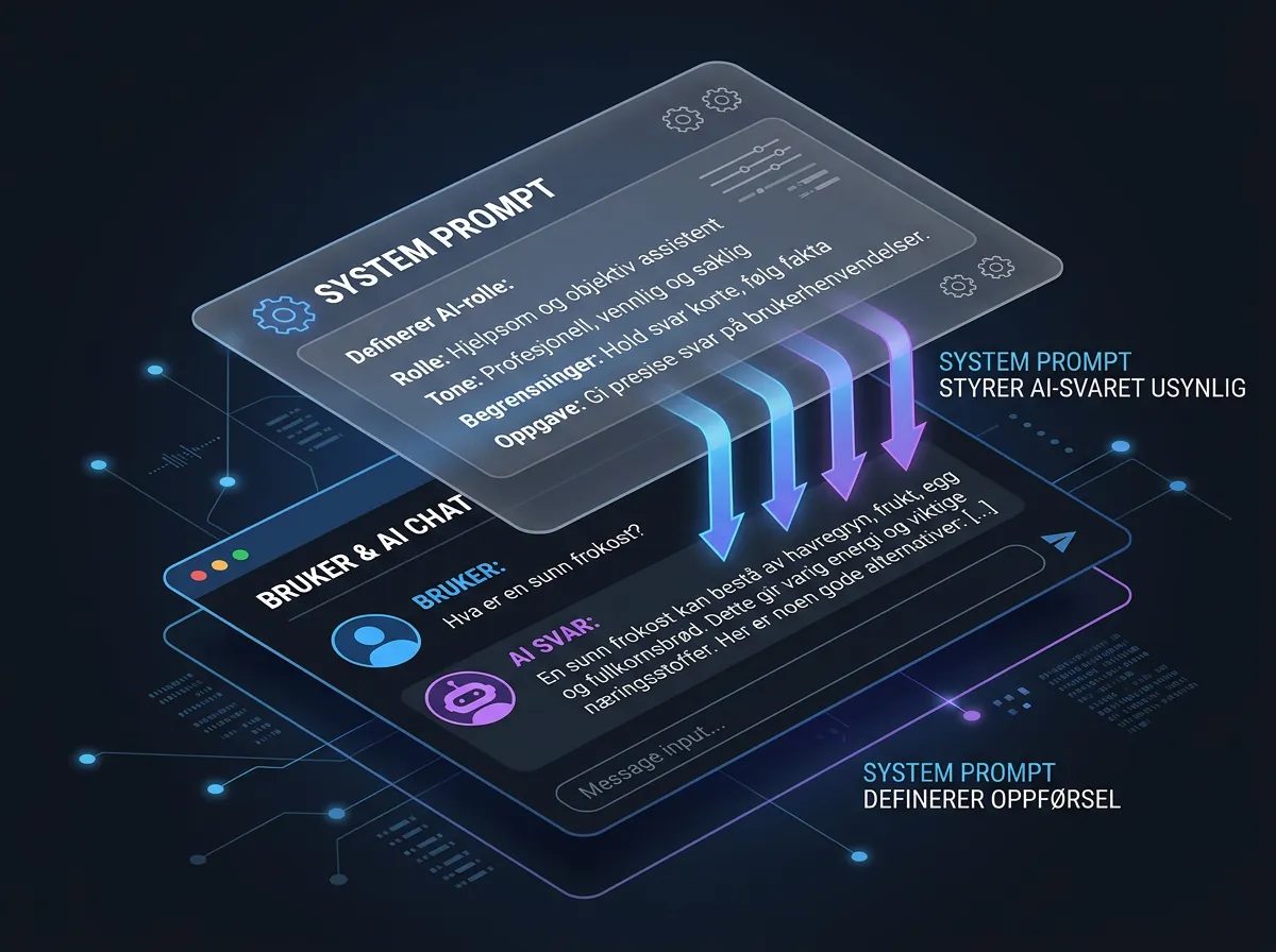 Illustrasjon av system prompt vs user prompt i AI-chatbot - usynlig lag som styrer svarene