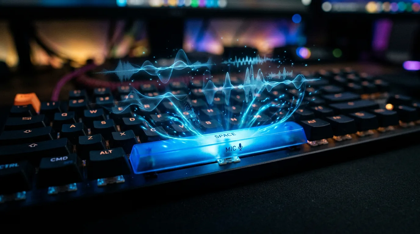 Mellomromstast på tastatur med lydbølger, illustrerer push-to-talk-funksjonen i Claude Code Voice Mode