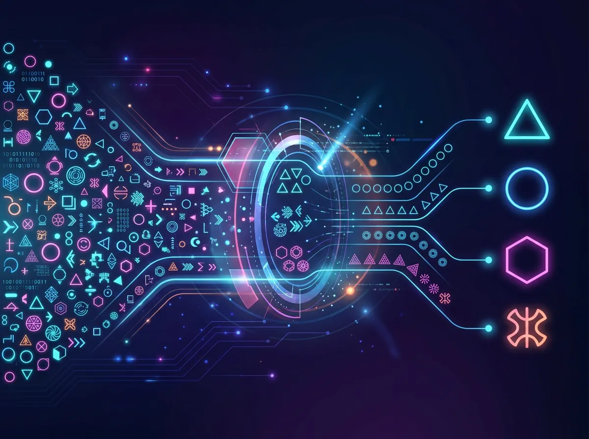 Abstrakt illustrasjon av mønstergjenkjenning der mange like tegn forenkles til én representant