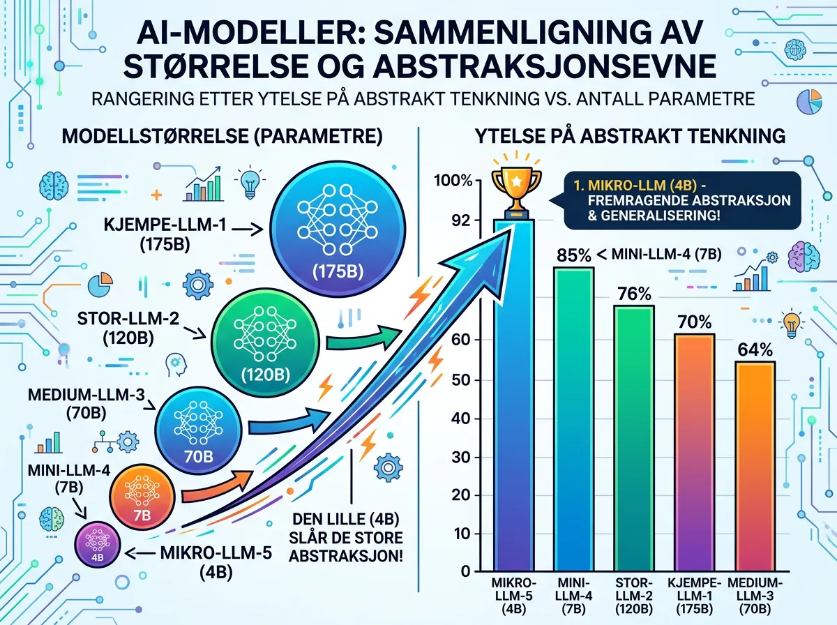 Illustrasjon som sammenligner AI-modellstørrelser der liten 4B-modell slår store 120B-modeller på abstraksjon