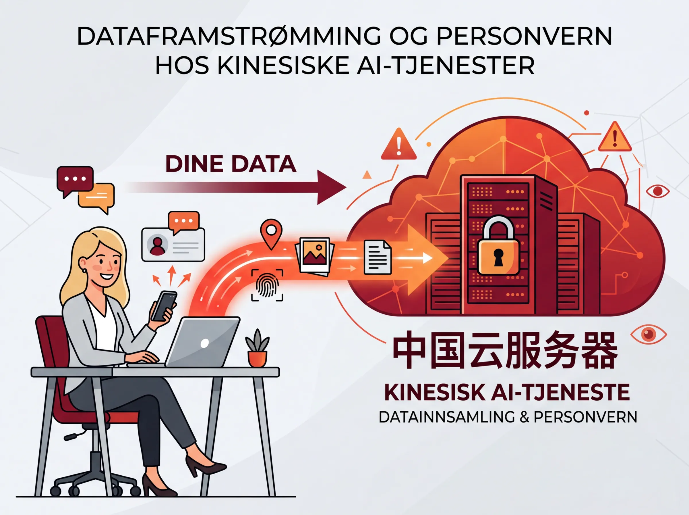 Illustrasjon av datastrøm fra bruker til kinesiske servere - personvern og datainnsamling hos Qwen 3.6