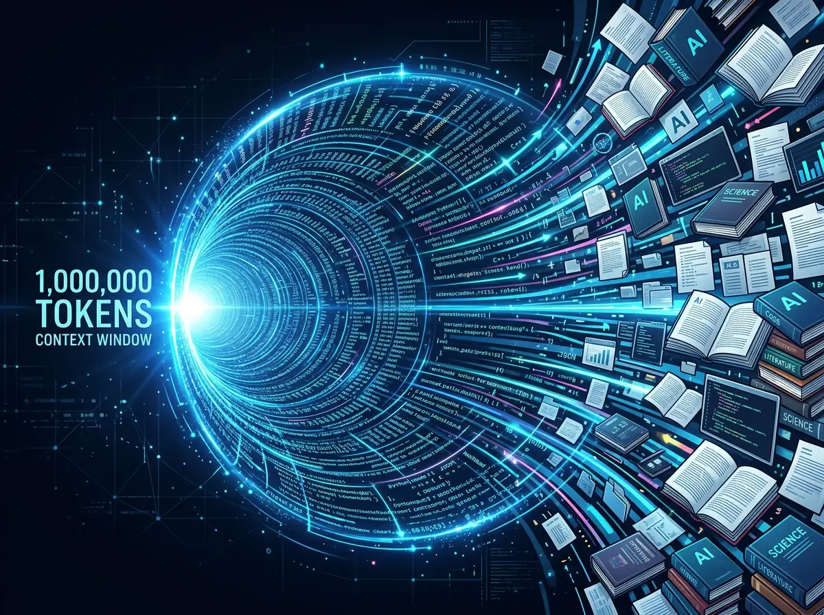 Visualisering av 1 million token kontekstvindu i Qwen 3.6 - data og tekst strømmer inn i en lysende tunnel
