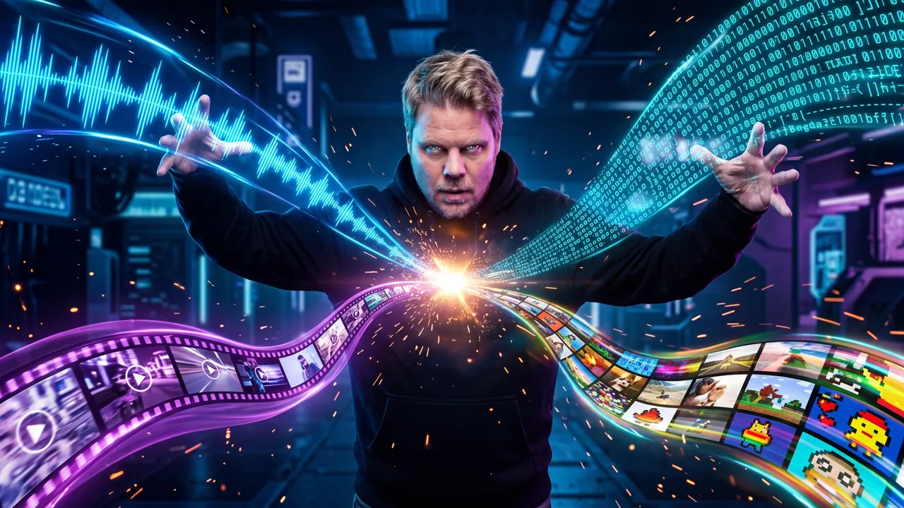 Jan Sverre dirigerer fire datastrømmer for lyd, video, tekst og bilder som smelter sammen - illustrasjon av Qwen3.5 Omni omnimodal AI