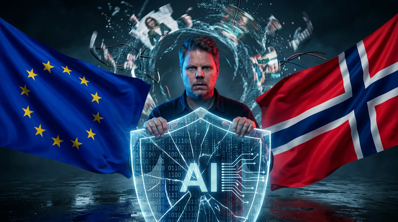 Jan Sverre mellom EU-flagget og norsk flagg med AI-skjold - illustrasjon til artikkel om Grok-skandalen og norsk passivitet