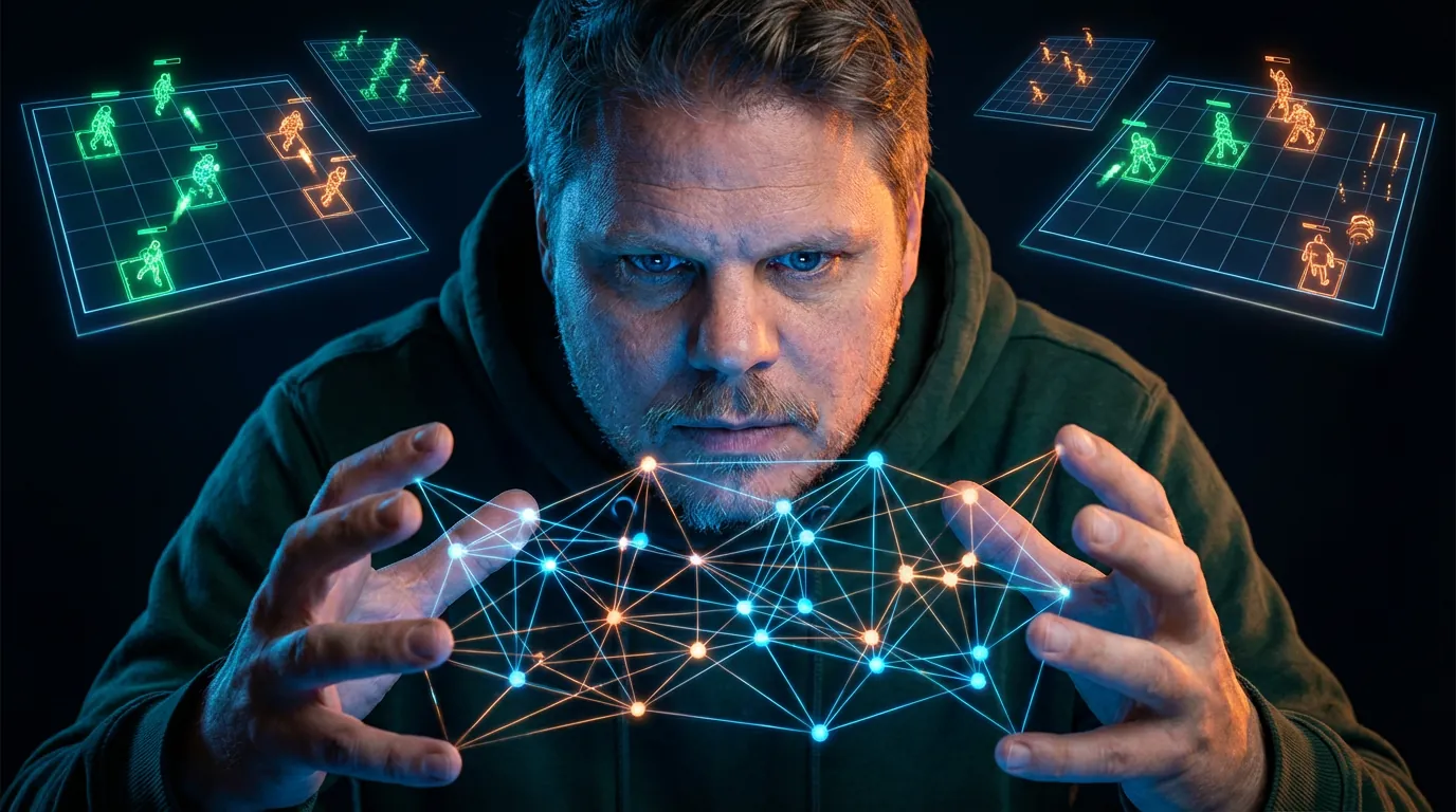 Jan Sverre analyserer et glødende geometrisk nettverk mens holografiske ARC-AGI-3 spillbrett svever i bakgrunnen