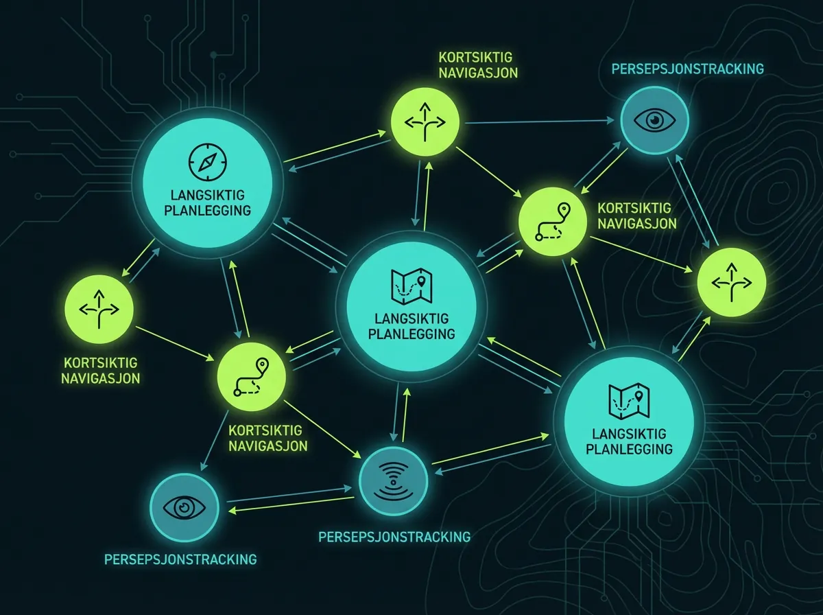 Multi-agent AI-system med topologisk persepsjon - noder koblet i nettverk med ansvarsområder for planlegging og navigasjon