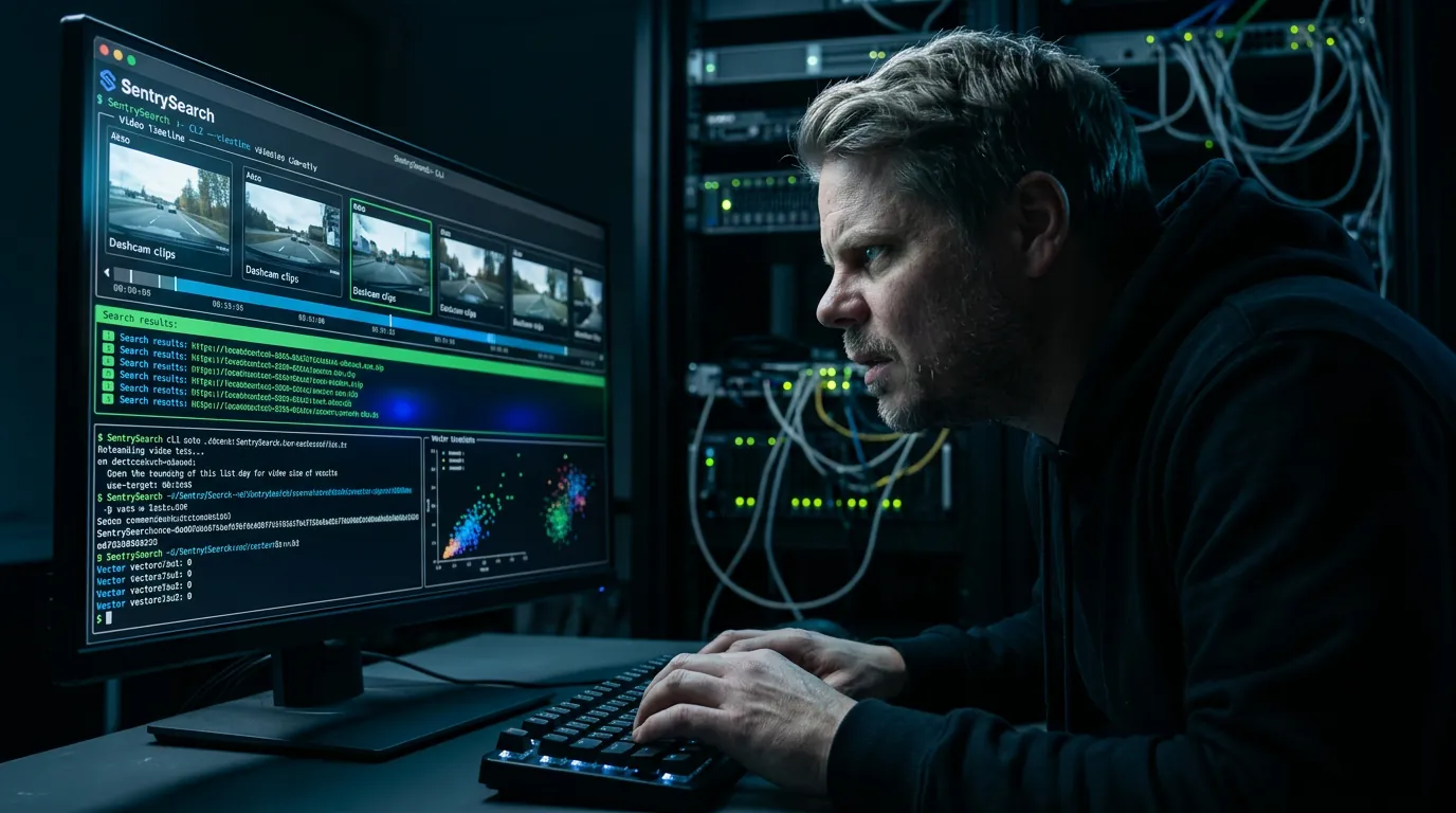 Jan Sverre søker gjennom dashcam-videoopptak med SentrySearch og Gemini Embedding 2 i mørk tech-lab
