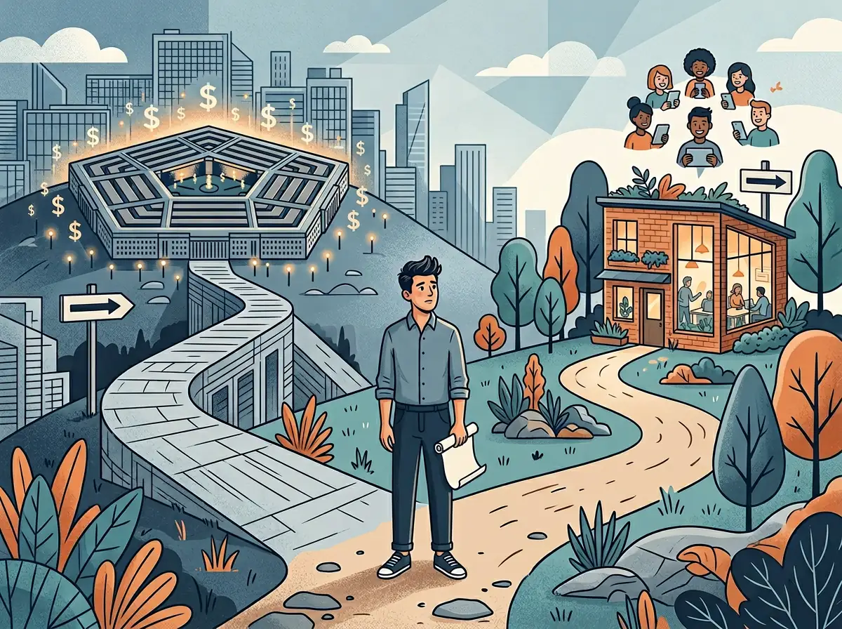 Illustrasjon av startup-grunder ved veikryss mellom Pentagon-kontrakt og lojale brukere