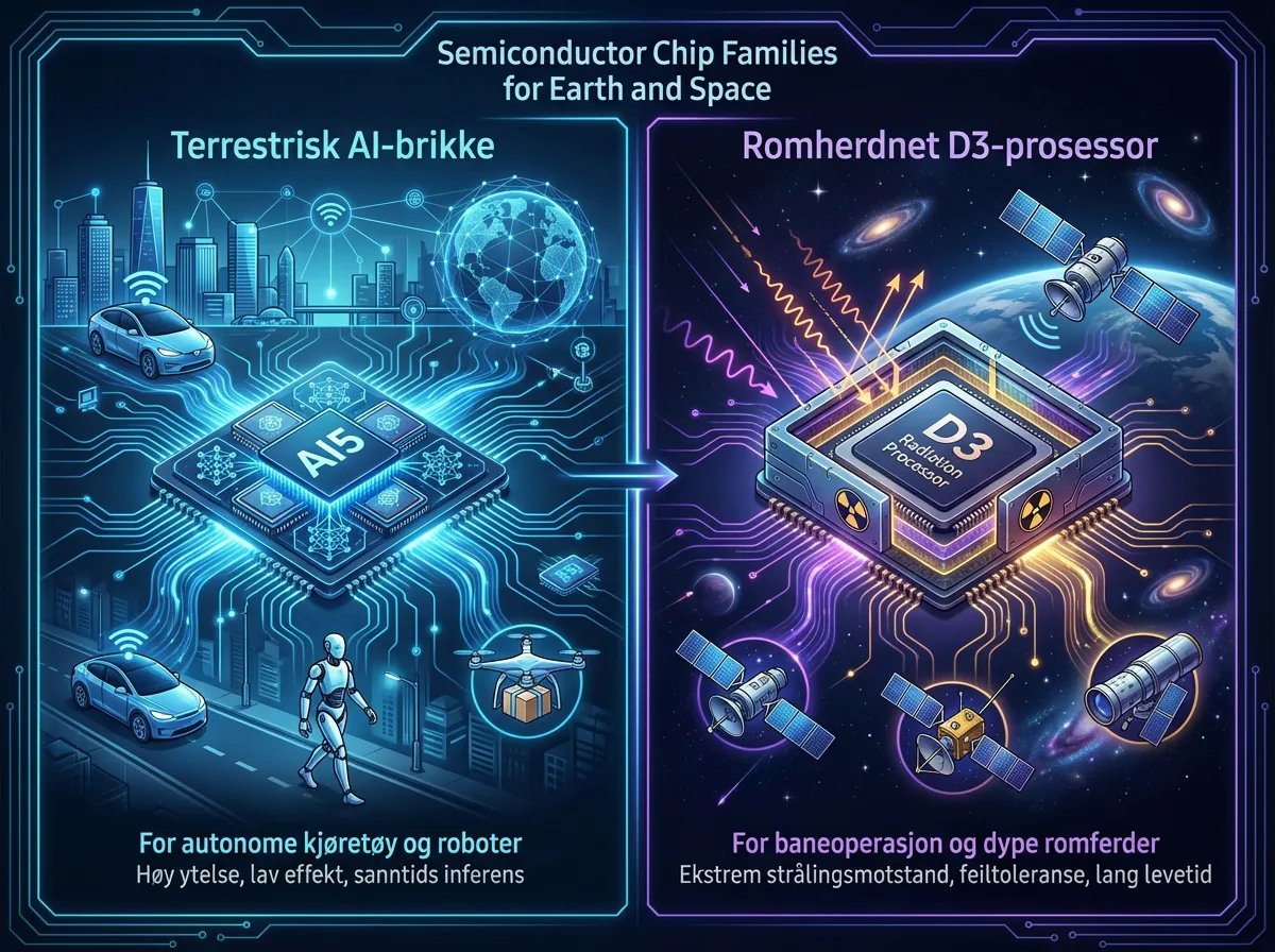 Infografikk som viser Terafabs to brikkefamilier - terrestrisk AI5 og romherdnet D3-prosessor